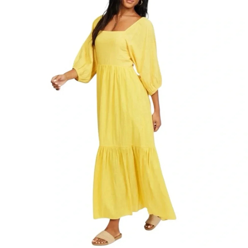Billabong Dream Chaser Tiered Yellow Cut Out Back Maxi Dress Size Small